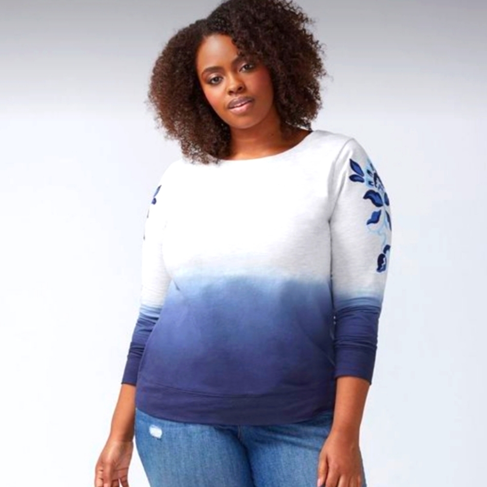 Lane Bryant Womans Ombre Blue Embroidered Floral Sweatshirt‎ Size 18-20